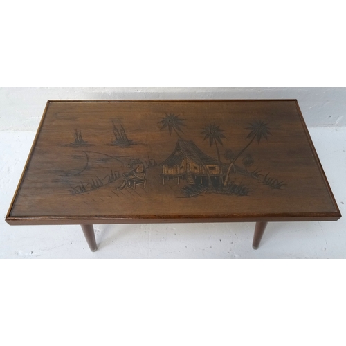 388 - MALYASIAN TEAK OCCASIONAL TABLE
with a rectangular carved top depicting a fisherman by a house with ... 