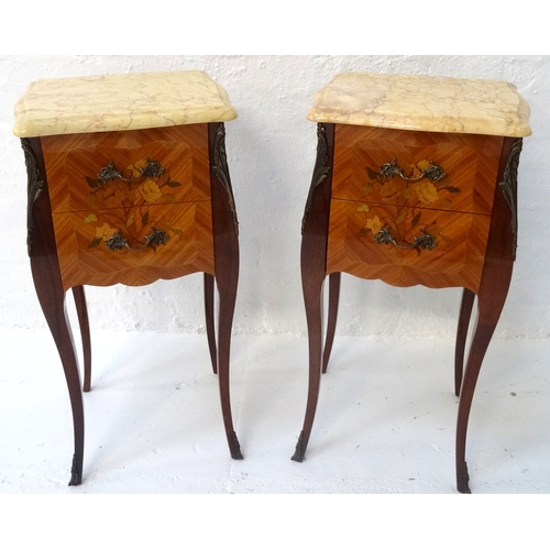 399 - PAIR OF FRENCH LOUIS XVI STYLE KINGWOOD BEDSIDE TABLES
with shaped marble tops above two drawers wit... 