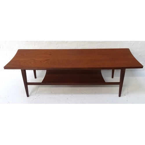 400 - RETRO 1960's TEAK COFFEE TABLE
with undertier and raised on tapering legs, 121cm long x 40.5cm wide