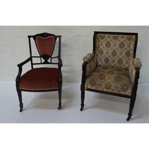 413 - EDWARDIAN MAHOGANY LIBRARY ARMCHAIR 
the moulded toprail above a padded back and sides with decorati... 