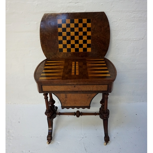 460 - MID VICTORIAN BURR WALNUT AND INLAID COMBINATION GAMES/WORK TABLE
with a shaped fold over rotating t... 