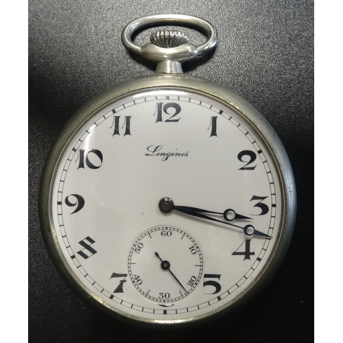 15 - LONGINES OPEN FACED POCKET WATCH
the white dial with Arabic numerals and subsidiary seconds dial