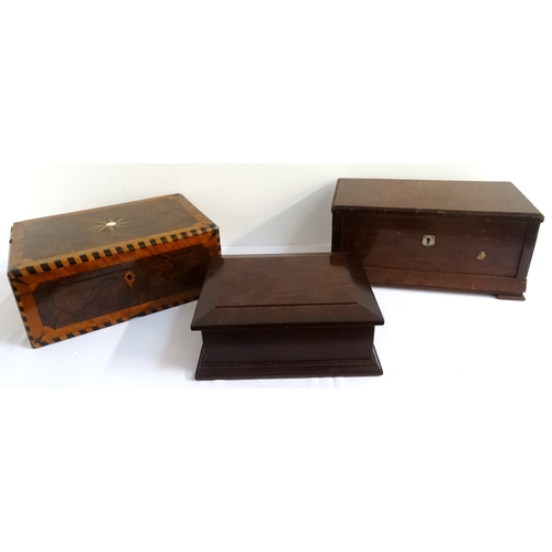 290 - VICTORIAN WALNUT AND INLAID SEWING BOX
with a fitted interior, 30.5cm wide; an oak clerk's desk box,... 