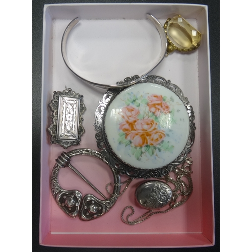 74 - SMALL SELECTION OF SILVER AND OTHER JEWELLERY
comprising a silver bangle, a silver backed hand paint... 