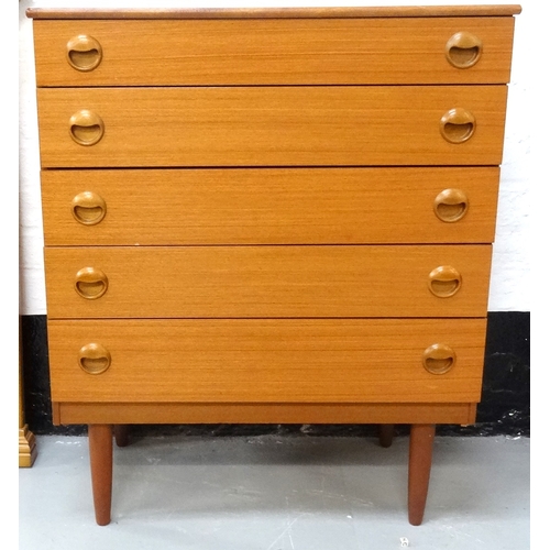 384 - PAIR OF SCHRIEBER TEAK CHESTS
each with a moulded top above five drawers with circular shaped handle... 