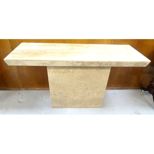 412 - ACID ETCHED MARBLE HALL TABLE
with an oblong moulded edge top standing on a rectangular base, 135cm ... 