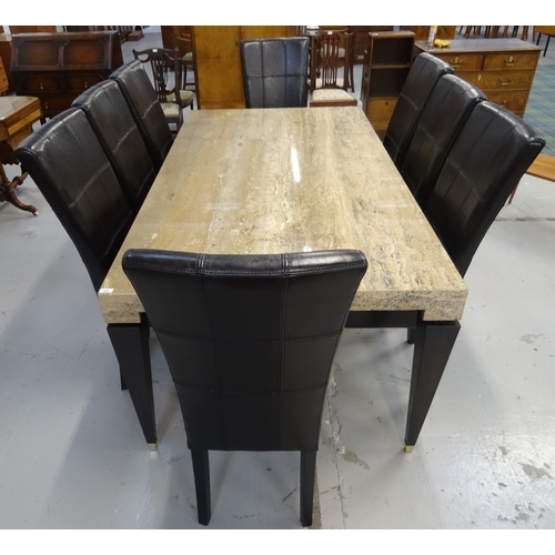 424 - ACID ETCHED MARBLE DINING TABLE AND LEATHER CHAIRS
the table with an oblong top and shaped frieze, s... 