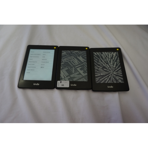 61 - SELECTION OF THREE KINDLE PAPERWHITE DEVICES
comprising: one KINDLE PAPERWHITE 2 (2013) WIFI (4GB), ... 