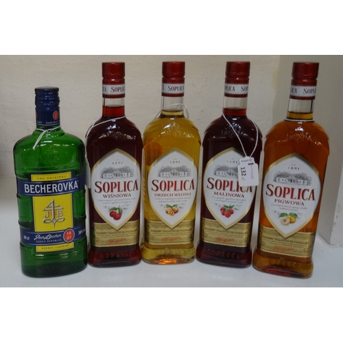 125 - FIVE BOTTLES OF LIQUEURS
comprising: one ECHEROVKA HERBAL LIQUEUR (50cl/ 38% abv); one SOPLICA PIGWO... 