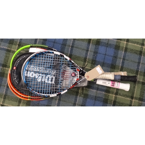 146 - SELECTION OF TENNIS AND SQUASH RACQUETS
including kids Babolat, Karokal, Wilson and Two Head Radical... 