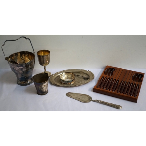 138 - LOT OF SILVER PLATED WARES
includes a set of twelve teaspoons and tongs in fitted case, ice bucket w... 