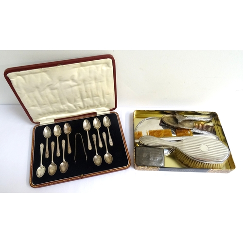 144 - SELECTION OF VICTORIAN AND LATER SILVER ITEMS
comprising a cased set of eleven teaspoons and tongs, ... 