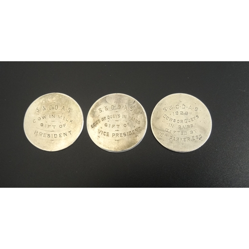 278 - THREE 1920s SILVER FARMING MEDALS
engraved 'S.& C.D.A.S. Cows or Queys in pairs Gift of President' '... 