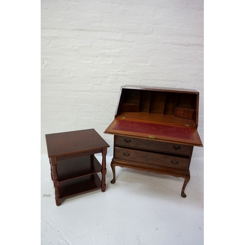 405 - WALNUT AND CROSSBANDED BUREAU
with an inlaid red leather fall flap and fitted interior above three l... 