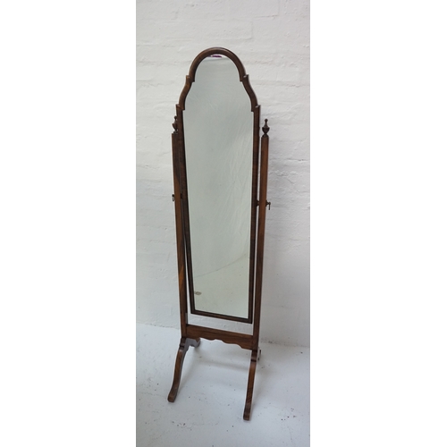 415 - MAHOGANY CHEVAL MIRROR
with a shaped plate and frame, standing on splayed supports, 161.5cm high