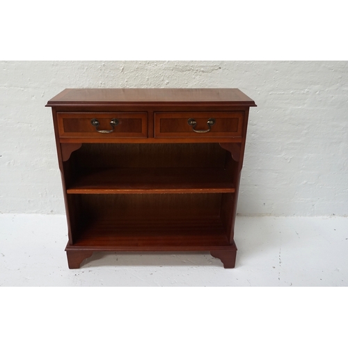 417 - YEW AND CROSSBANDED SIDE CABINET
with a moulded top above two frieze drawers and an adjustable shelf... 