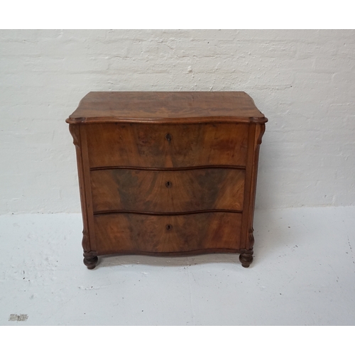 431 - VICTORIAN MAHOGANY SERPENTINE FRONT CHEST
of three drawers, raised on front turned feet, 82.5cm high... 