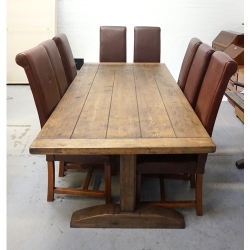 408 - LARGE OAK PLANK TOP REFECTORY STYLE DINING TABLE
standing on twin supports with splayed feet united ... 