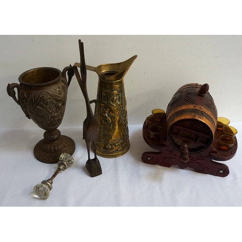 222 - MIXED LOT OF COLLECTABLES
including a carved oak and brass bound barrel on a shaped stand with six y... 