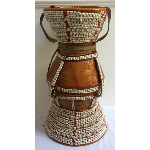 224 - SOMALI WEDDING BASKET
formed from woven straw in two conical sections covered in leather and decorat... 