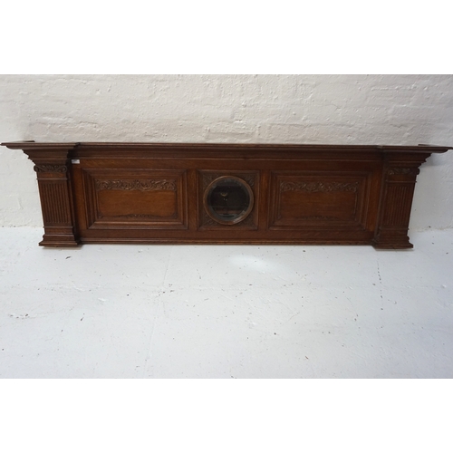 437 - EDWARDIAN CARVED OAK MIRROR BACK
possibly an upper section to a sideboard, with an inverted breakfro... 