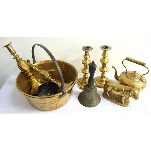 230 - MIXED LOT OF BRASSWARE
including a preserve pan with a fixed handle, pair of knopped candlesticks, 2... 