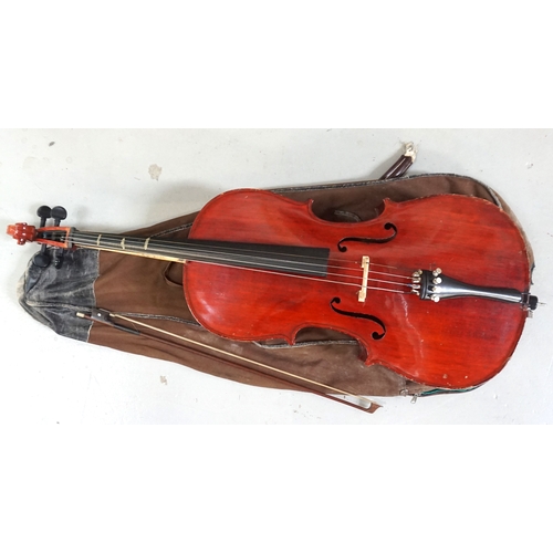 247 - CELLO
'The Stentor Student', 71cm back, with bow and vintage canvas carrying bag