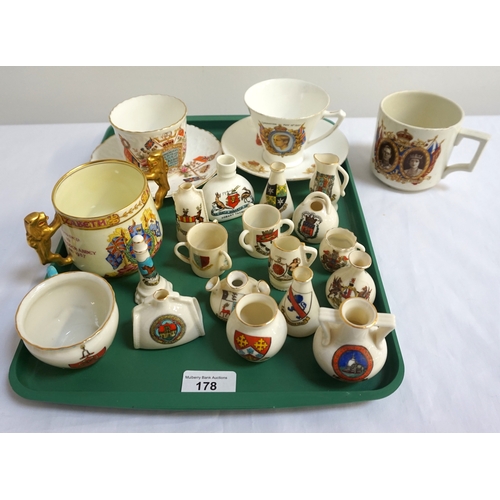 178 - COLLECTION OF CRESTED CHINA
includes a Paragon King George VI and Queen Elizabeth twin handled cup, ... 