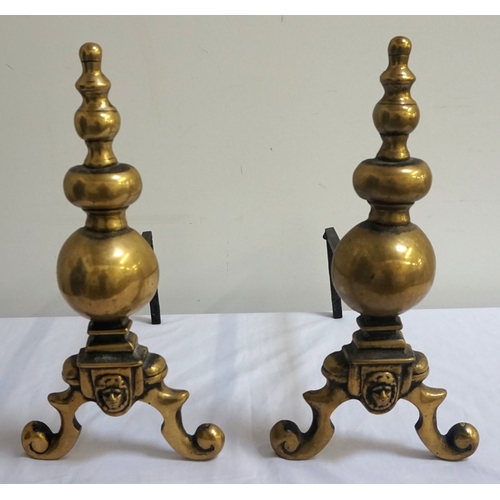 187 - PAIR OF BRASS ANDIRONS
of turned knopped form with lion mask decoration above splayed scroll support... 