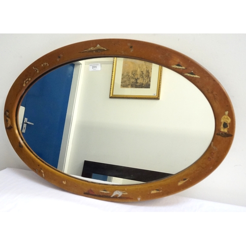 211 - CHINOISERIE OVAL FRAMED WALL MIRROR
with figure, motif and landscape decoration, 49cm high x 77cm wi... 