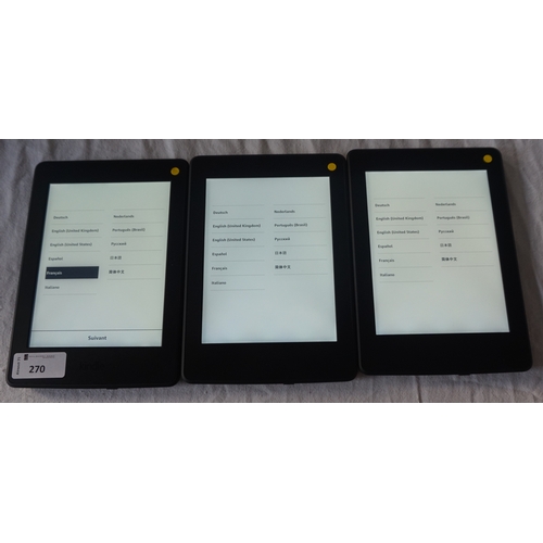 270 - THREE KINDLE PAPERWHITE 3 (2015) WIFI DEVICES
serial numbers: G090 G105 8262 007X; G090 G105 8105 03... 