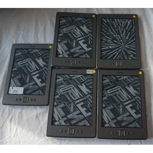 272 - FIVE KINDLE 4 NO TOUCH SILVER (2011) WIFI DEVICES
serial numbers: B00E 1501 1415 1LC8; B00E 1501 141... 