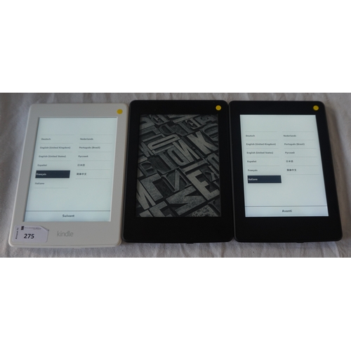 275 - THREE KINDLE PAPERWHITE 3 (2015) WIFI DEVICES
serial numbers: G090 KB03 6223 01NB (White); G090 G105... 