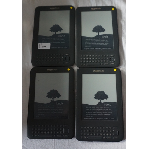 280 - FOUR KINDLE 3 DEVICES
serial numbers: B008 A0A0 1204 2FJD; B008 A0A0 1243 09RX; B00A A0A0 1052 01SL ... 