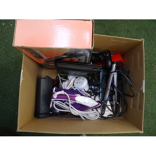 66 - ONE BOX OF GENERAL ELECTRICAL ITEMS 
including: power banks; hair straighteners; hair curlers; irons... 