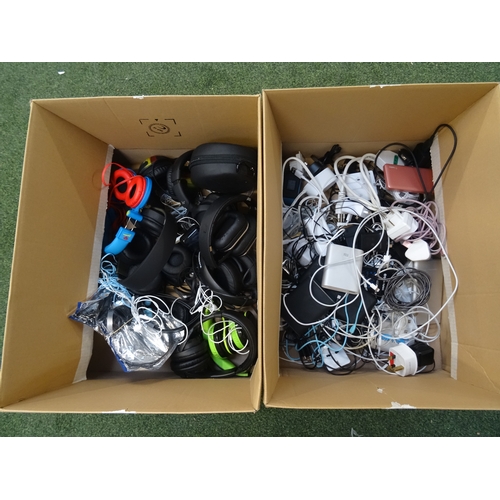 67 - ONE BOX OF CABLES AND CHARGERS AND ANOTHER OF BRANDED AND UNBRANDED HEADPHONES
the headphones includ... 