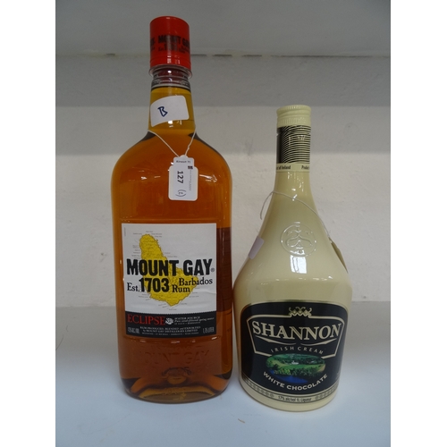 127 - ONE BOTTLE OF MOUNT GAY BARBADOS RUM
(43% abv/ 1.75L); together with a bottle of Shannon White Choco... 