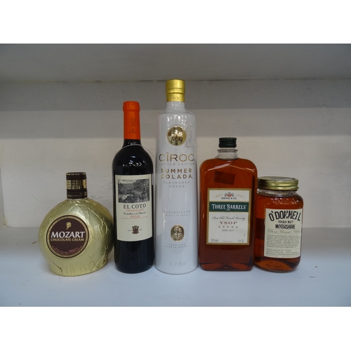 134 - SELECTION OF SPIRITS LIQUEURS AND WINE 
comprising one bottle of Three Barrels VSOP brandy (38% abv/... 