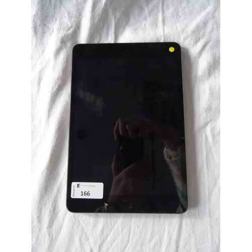 166 - APPLE IPAD MINI (WIFI) - MODEL A1489
serial number: F9FQCG2WFCM5.  i-cloud protected.  Note: It is t... 