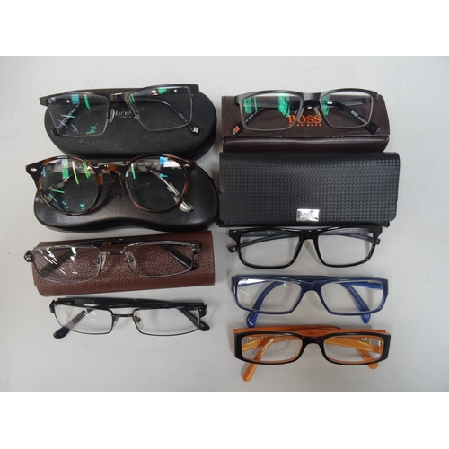 347 - EIGHT PAIRS OF DESIGNER FRAME GLASSES 
including Hackett, Ray-Ban, Gucci, Guess, Prada, Police, and ... 