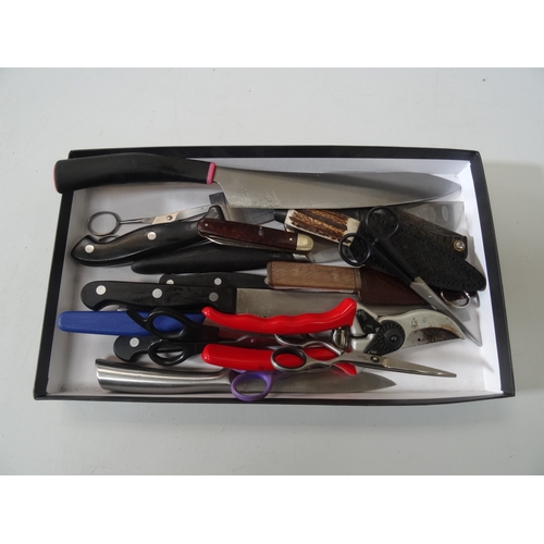 396 - SELECTION OF KITCHEN KNIVES, HAIRDRESSING SCISSORS, PENKNIVES, SKEAN DUBH AND OTHER ITEMS