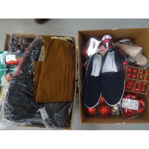 51 - TWO BOXES OF NEW ITEMS
including Christmas Decorations, Shoes, Clothing, Rucksack, Luggage tags, Hal... 