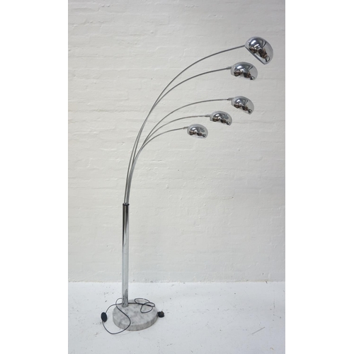 528 - CHROME FLOOR LAMP
with five domed sections, standing on marble effect base, 185cm high