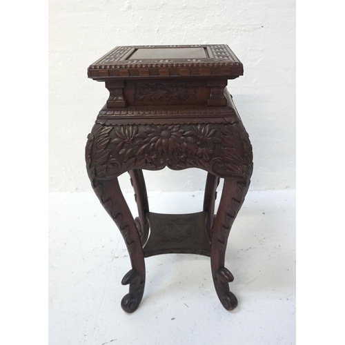 539 - CHINESE MAHOGANY JARDINIERE STAND
the square top with Greek key decoration above a carved floral sha... 