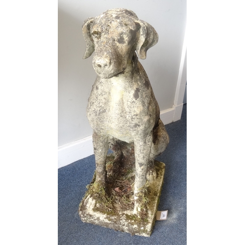 547 - RECONSTITUTED STONE GARDEN DOG STATUE
seated on its haunches on an oblong plinth, 71cm high