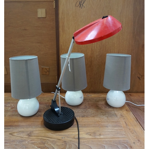 517 - RED ANGLEPOISE DESK LAMP
with weighted base and red shade along with three white globe table lamps  ... 