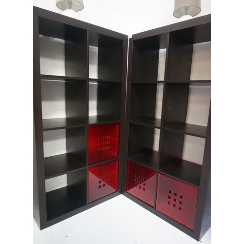 524 - TWO SQUARE STAINED WOOD OPEN SIDE CABINETS
both with four square storage sections, 78cm high