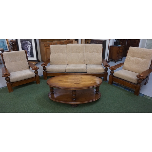 532 - OAK FRAMED SUITE OF FURNITURE
comprising of one three seat sofa and two single seats with button bac... 