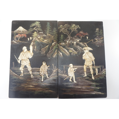 248 - EARLY 20th CENTURY PAIR OF JAPANESE EXPORT WARE LACQUERED PANELS
each decorated with bone figures an... 