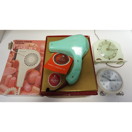 245 - SELECTION OF RETRO HOUSEHOLD ITEMS
comprising a boxed bakelite Pifco hairdryer; a boxed Morphy Richa... 